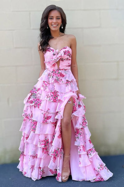 Ivory Sweetheart A Line Floral Chiffon Ruffled Formal Prom Dresses With Slit