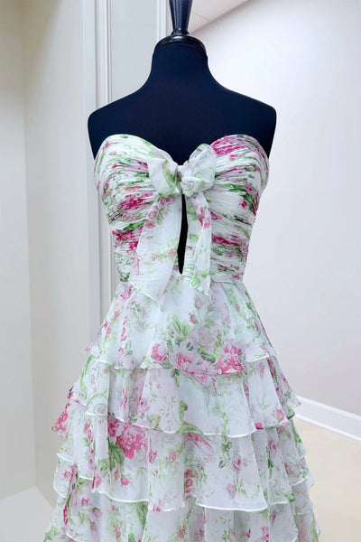Ivory Sweetheart A Line Floral Chiffon Ruffled Formal Prom Dresses With Slit