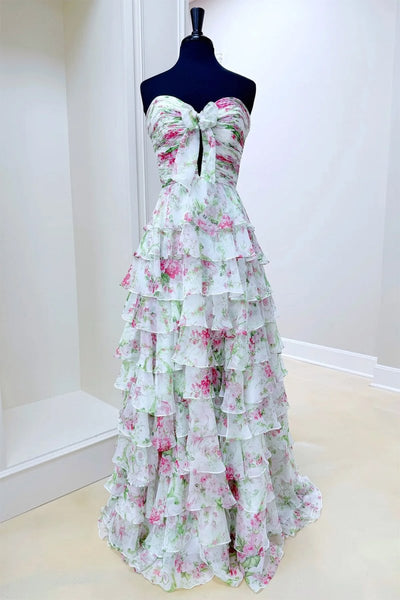 Ivory Sweetheart A Line Floral Chiffon Ruffled Formal Prom Dresses With Slit