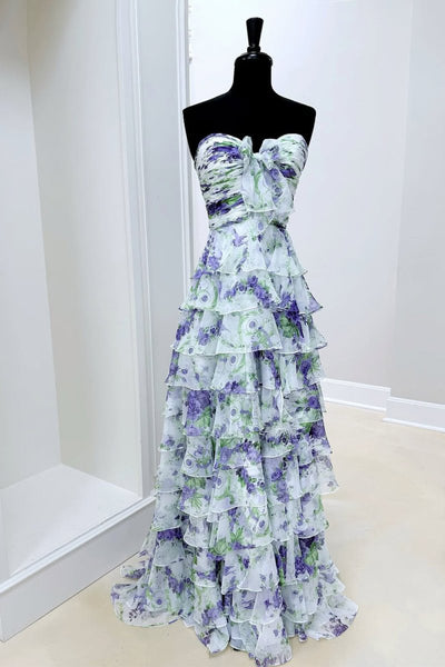 Ivory Sweetheart A Line Floral Chiffon Ruffled Formal Prom Dresses With Slit