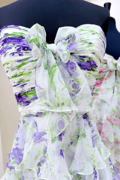 Ivory Sweetheart A Line Floral Chiffon Ruffled Formal Prom Dresses With Slit