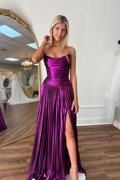 Charming A-Line Scoop Neck Purple Pleated Metallic Prom Dress with Slit
