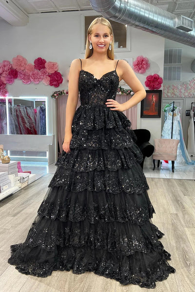 Sparkly Dark Blue Spaghetti Straps Tiered Lace Long Corset Prom Dress VK23101308
