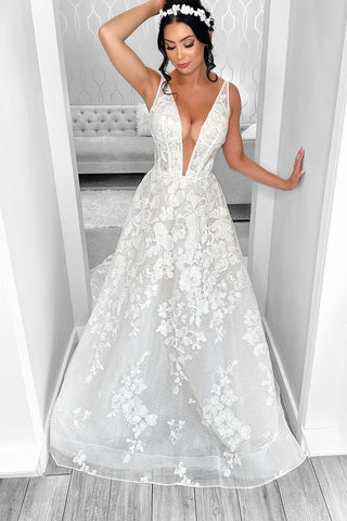 Sparkly A-Line V Neck Wedding Dresses with Appliques VK23100206