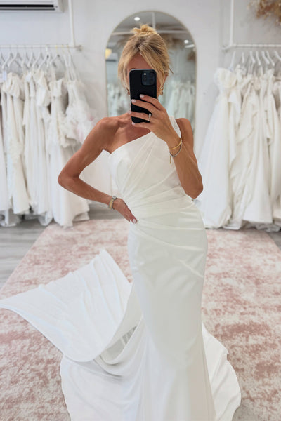 Simple Mermaid One Shoulder White Soft Satin Wedding Dress VK26081102