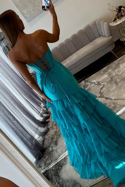 Cute Sheath Sweetheart Blue Tiered Long Prom Dress with Slit VK16020302