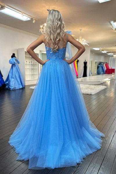 Light Blue One Shoulder Tulle Long Prom Dresses with Lace Appliques VK24011905