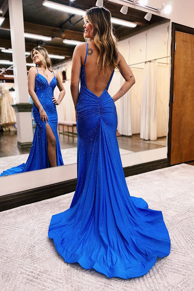 Royal Blue Beaded V Neck Mermaid Long Prom Dress VK23123104