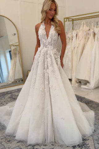 Fairy A-Line V Neck Tulle Wedding Dresses with Appliques VK25111907