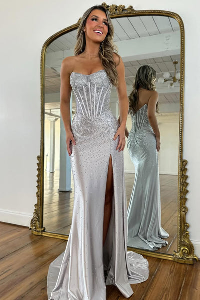 Gorgeous Mermaid Strapless Royal Blue Corset Beaded Prom Dresses with Slit VK26020508