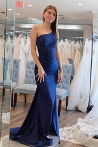 Simple Mermaid One Shoulder Navy Blue Satin Long Prom Dresses VK24032704