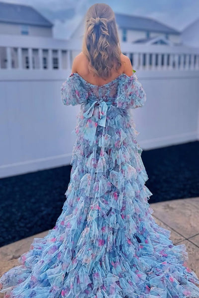 Sweet A Line Off the Shoulder Blue Floral Tulle Tiered Prom Dress VK25052901