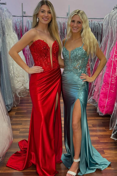 Charming Mermaid Sweetheart Red Sparkly Satin Prom Dress with Appliques VK24122505