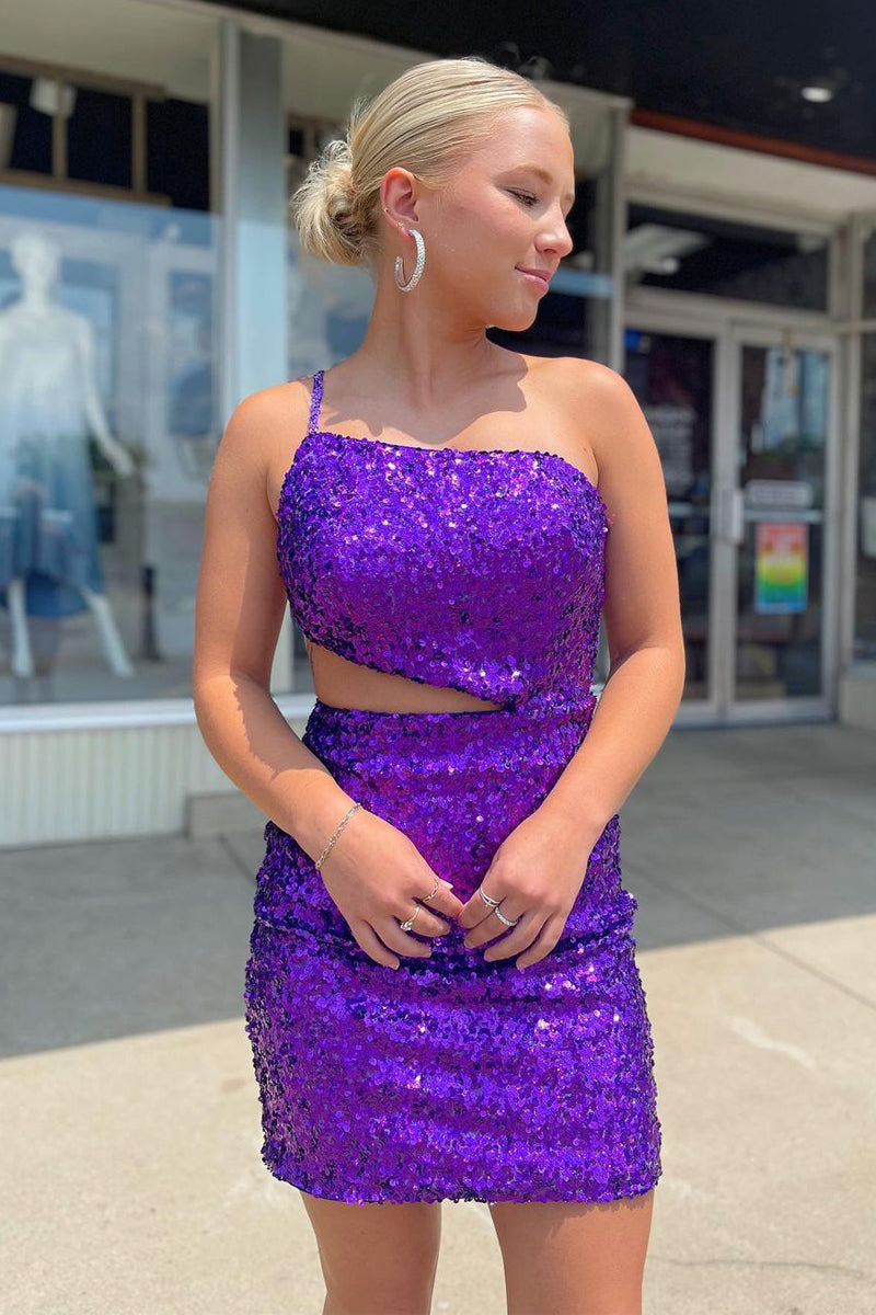 Grape Sequins One Shoulder Bodycon Homecoming Dresses VK23062903