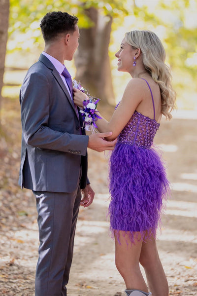 Sweetheart Spaghetti Straps Beaded Purple Feather Short Homecoming Dress VK23082201