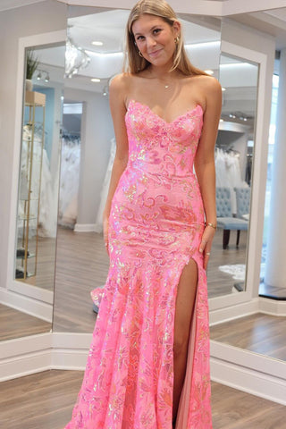Mermaid Strapless Pink Sequin Lace Long Prom Dresses VK24012804