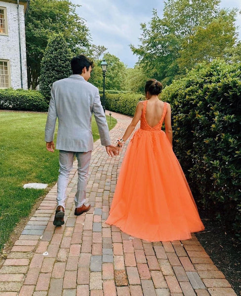 Cute A Line V Neck Orange Tulle Long Prom Dresses with Appliques VK23061007