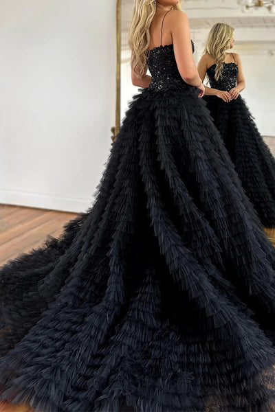 Sparkly Black Corset Spaghetti Straps Tulle A-Line Long Prom Dress with Slit VK23122008