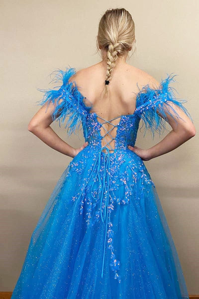 Blue Tulle Feather Off-the-Shoulder Lace-Up A-Line Long Prom Dress VK23110106