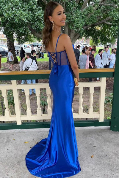 Royal Blue Cowl Neck Sheer Bodice Long Formal Dress with Slit VK23122102