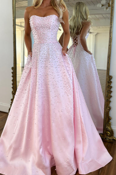 A-Line Strapless Pink Beads Long Prom Dresses with Slit VK26020102