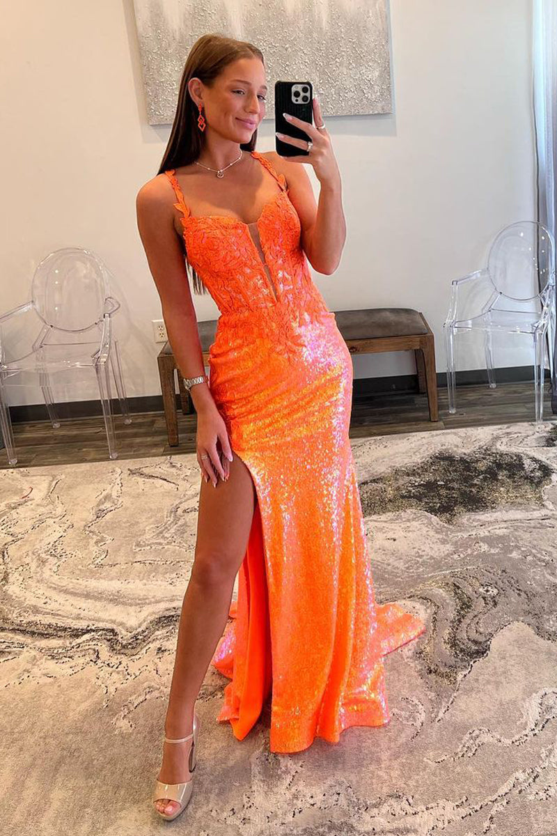 Orange Mermaid Straps Sequin Lace Long Prom Dresses with Side Slit VK23091509