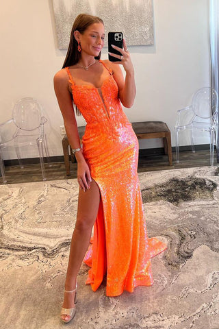 Orange Mermaid Straps Sequin Lace Long Prom Dresses with Side Slit VK23091509