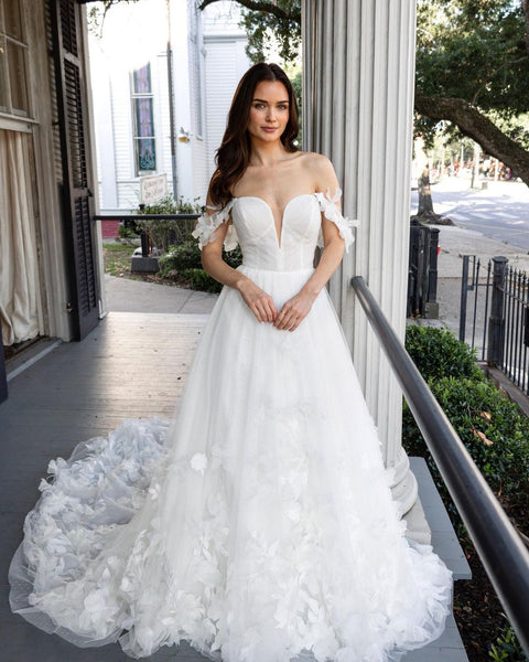 Fairy A Line V Neck Tulle Wedding Dresses with 3D Flower Appliques VK23061106