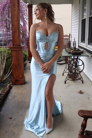 Charming Mermaid V Neck Light Blue Satin Long Prom Dress with Beading VK25060804