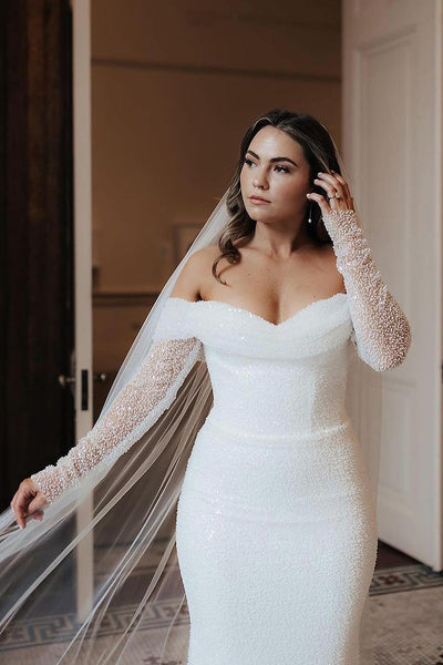 Gorgeous Mermaid Off the Shoulder Sequins Lace Long Wedding Dresses VK112119