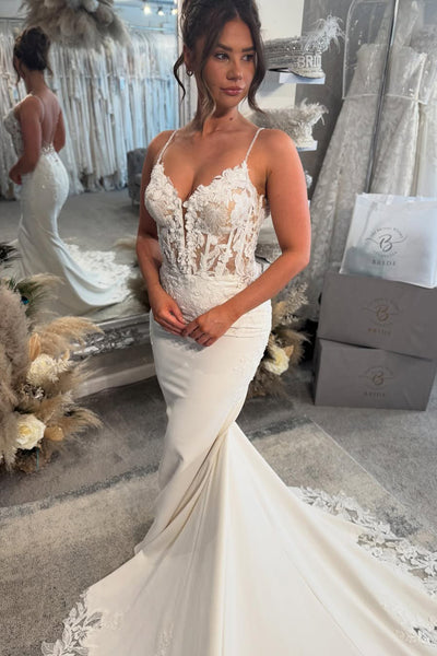 Bohemian Mermaid V Neck Satin Long Wedding Dresses with Appliques VK25051002