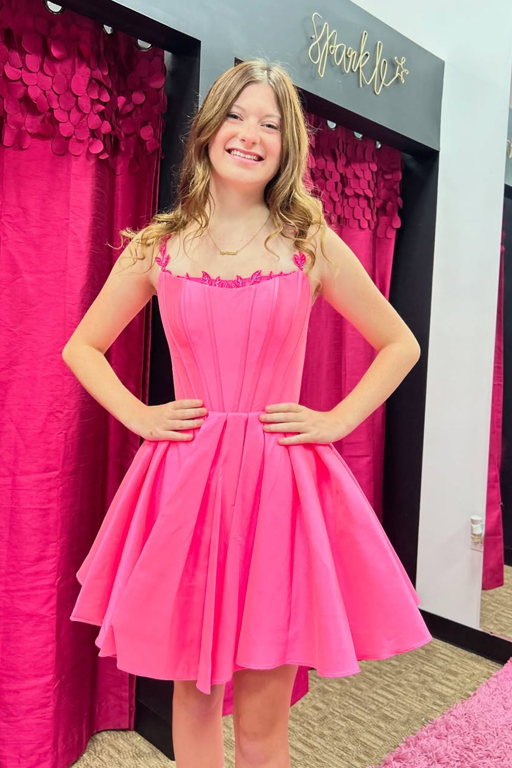 Princess A-Line Fuchsia Satin Short Homecoming Dresses VK25091607