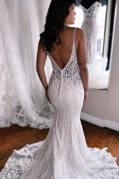 Mermaid V Neck Ivory Lace Wedding Dresses VK23112404