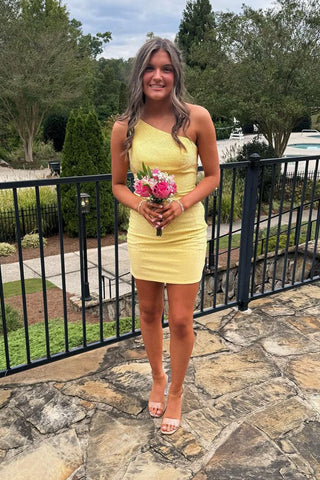 Cute Bodycon One Shoulder Yellow Satin Short Homecoming Dresses VK24100206
