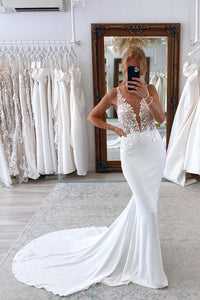 Mermaid V Neck White Satin Wedding Dresses with Lace Appliques VK23081313