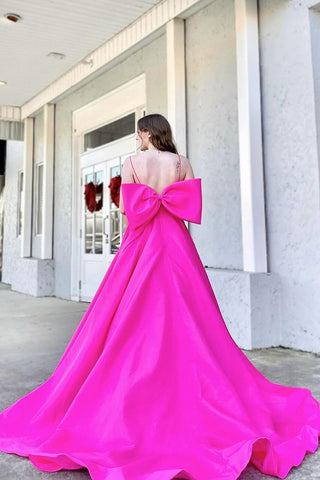Fuchsia Scoop Neck Satin Bow Back Long Prom Dresses VK24021904