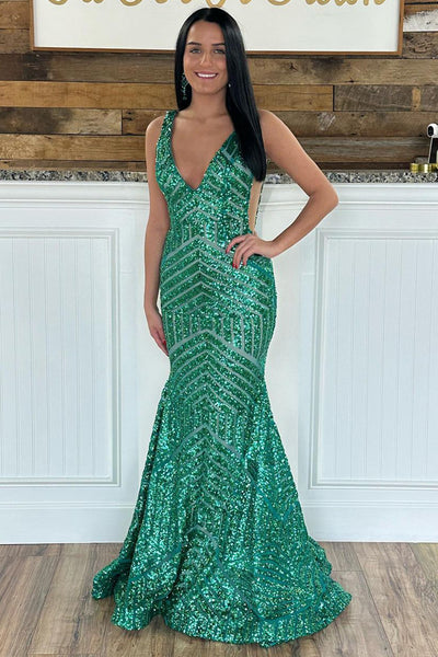 Dark Green Sequins Mermaid V Neck Long Prom Dress with Detachable Train VK23121101