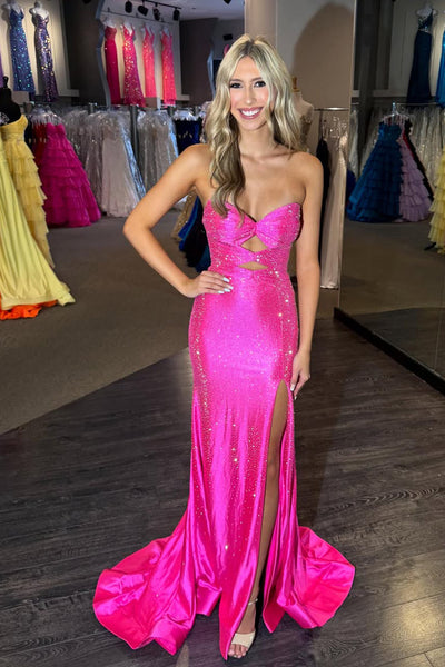 Cute Mermaid Sweetheart Hot Pink Satin Prom Dress with Hot Fix VK26021904