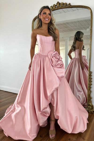 A-Line Strapless Red Satin Prom Dresses with Handmade Flower VK26012707