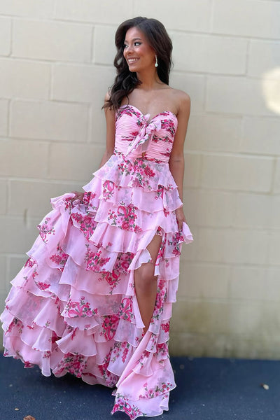 Cute A Line Pink Chiffon Floral Print Satin Prom Dress with Slit VK5111203