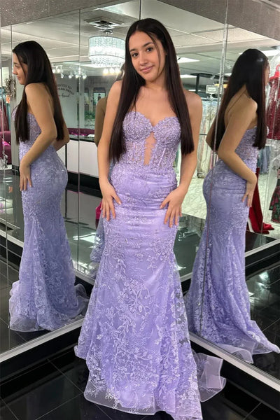 Charming Mermaid Sweetheart Lilace Lace Appliques Prom Dresses with Beading