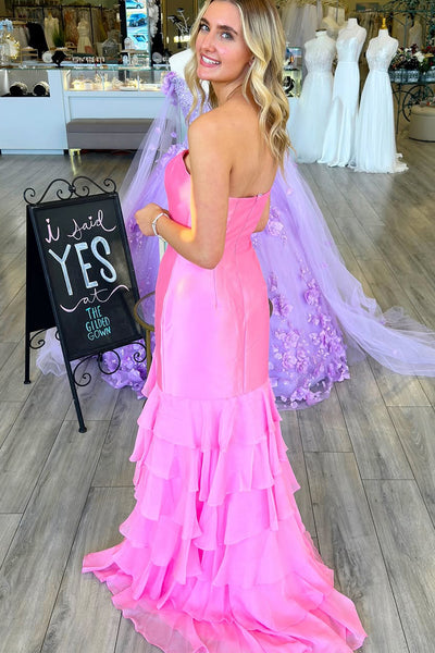 Cute Sheath Strapless Pink Satin Tiered Long Prom Dress with Slit VK25010903