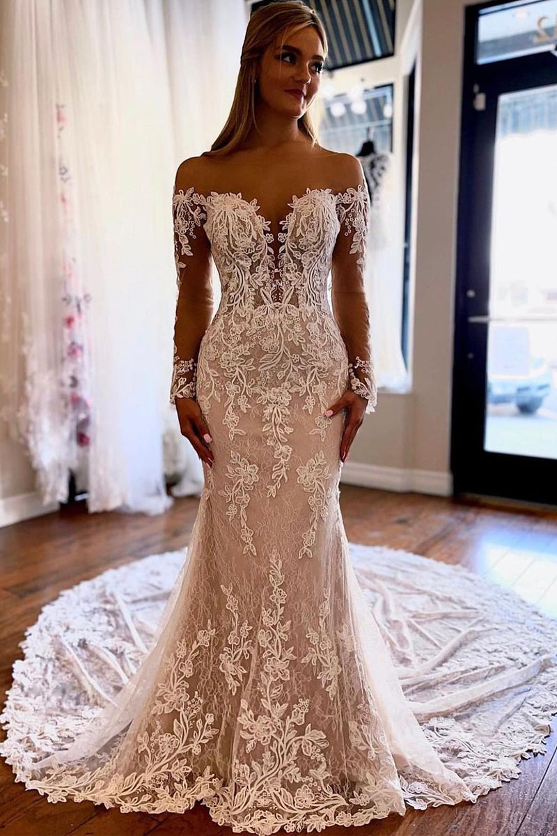 Gorgeous Mermaid Off the Shoulder Long Sleeves Wedding Dresses VK23090908