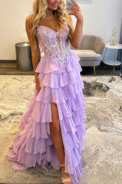 A-Line Spaghetti straps Lilac Ruffle Tiered Chiffon Long Prom Dress with Slit VK26010605