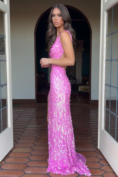 Charming Mermaid V Neck Sequins Long Prom Dresses with Beading VK24102815