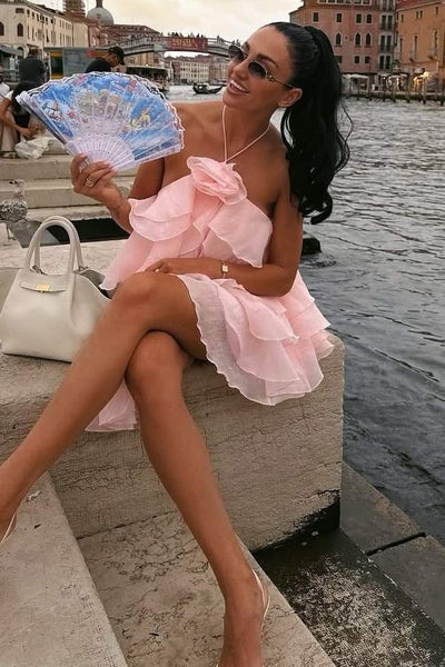 Halter A-Line Ruffles Chiffon Backless Short Homecoming Summer Dress VK26070112