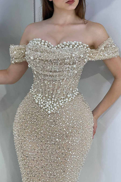 Mermaid Off the Shoulder Champagne Sequins Long Prom Dresses with Pearls VK26011801