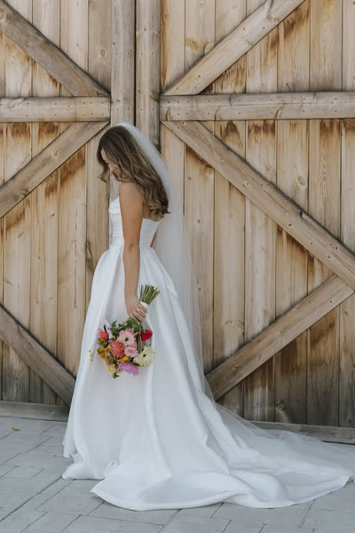 Fashion A Line Strapless Satin Long Wedding Dress with Slit VK25052608