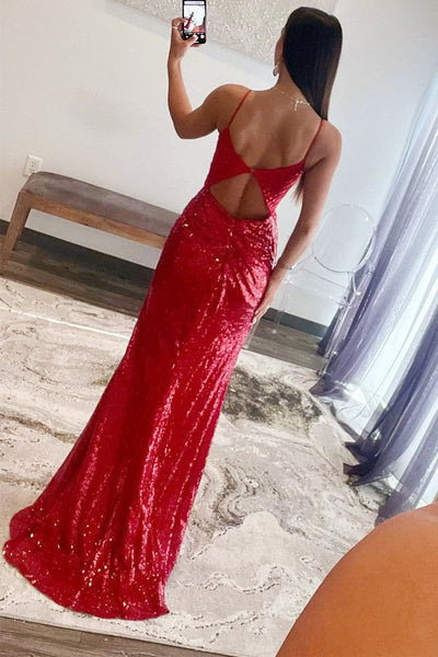 Red Sequin Plunge V Backless Mermaid Prom Dress with Slit VK23122701