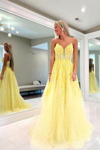 A-Line Spaghetti Straps Yellow Tulle Long Prom Dresses with Appliques VK23091505